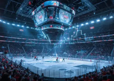 Aréna de hockey sur glace rempli de spectateurs avec écrans géants et graphiques de statistiques en temps réel au-dessus de la patinoire.