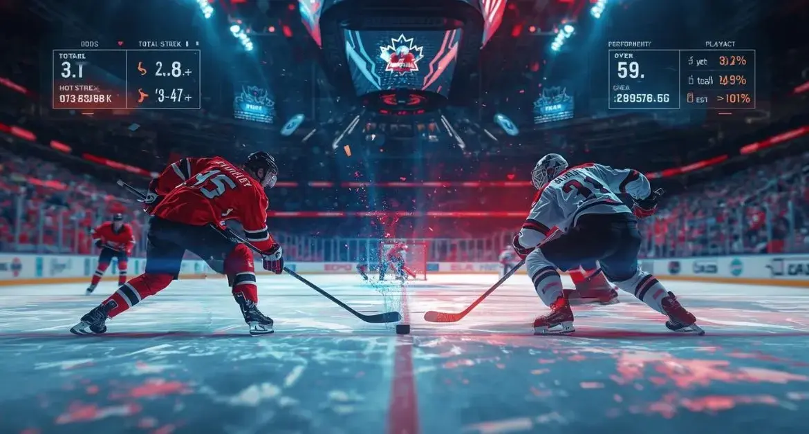 Deux joueurs de hockey s’affrontant lors d’une mise au jeu, avec des cotes et statistiques affichées à l’écran.