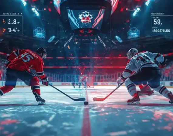 Deux joueurs de hockey s’affrontant lors d’une mise au jeu, avec des cotes et statistiques affichées à l’écran.