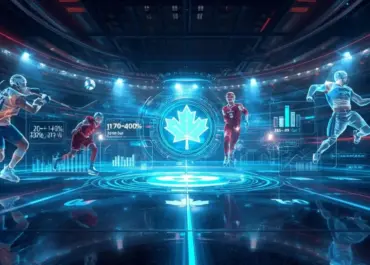 Représentation futuriste d’athlètes avec statistiques et données sportives autour d’un symbole canadien.