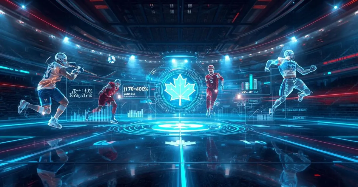 Représentation futuriste d’athlètes avec statistiques et données sportives autour d’un symbole canadien.