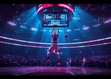 Joueur de basketball réalisant un dunk dans une arène pleine, avec des graphiques de performance affichés au-dessus du terrain.