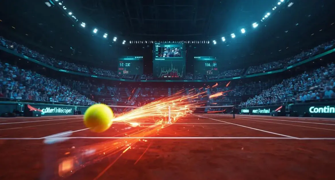 Balle de tennis frappée à grande vitesse sur un court, avec des effets lumineux et des données de performance en arrière-plan.