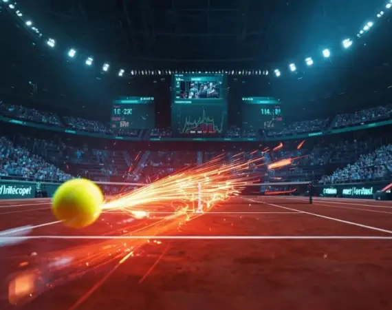 Balle de tennis frappée à grande vitesse sur un court, avec des effets lumineux et des données de performance en arrière-plan.