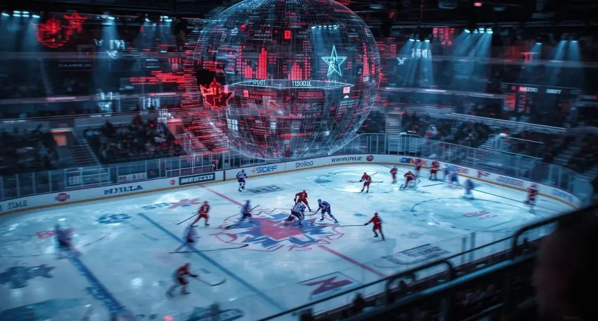 Match de hockey professionnel avec superposition d’un globe numérique et de graphiques analytiques en temps réel.