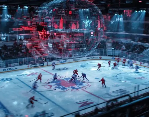 Match de hockey professionnel avec superposition d’un globe numérique et de graphiques analytiques en temps réel.