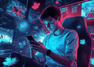Jeune homme consultant des paris sportifs sur son smartphone, entouré d’écrans affichant des statistiques et des matchs de hockey.