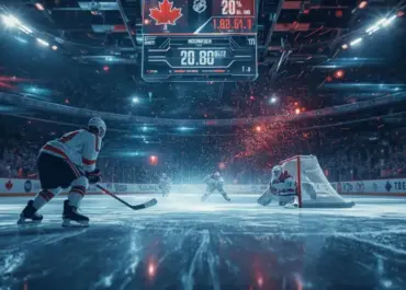 Joueur de hockey tirant vers le but avec effets lumineux et statistiques affichées pendant l’action.